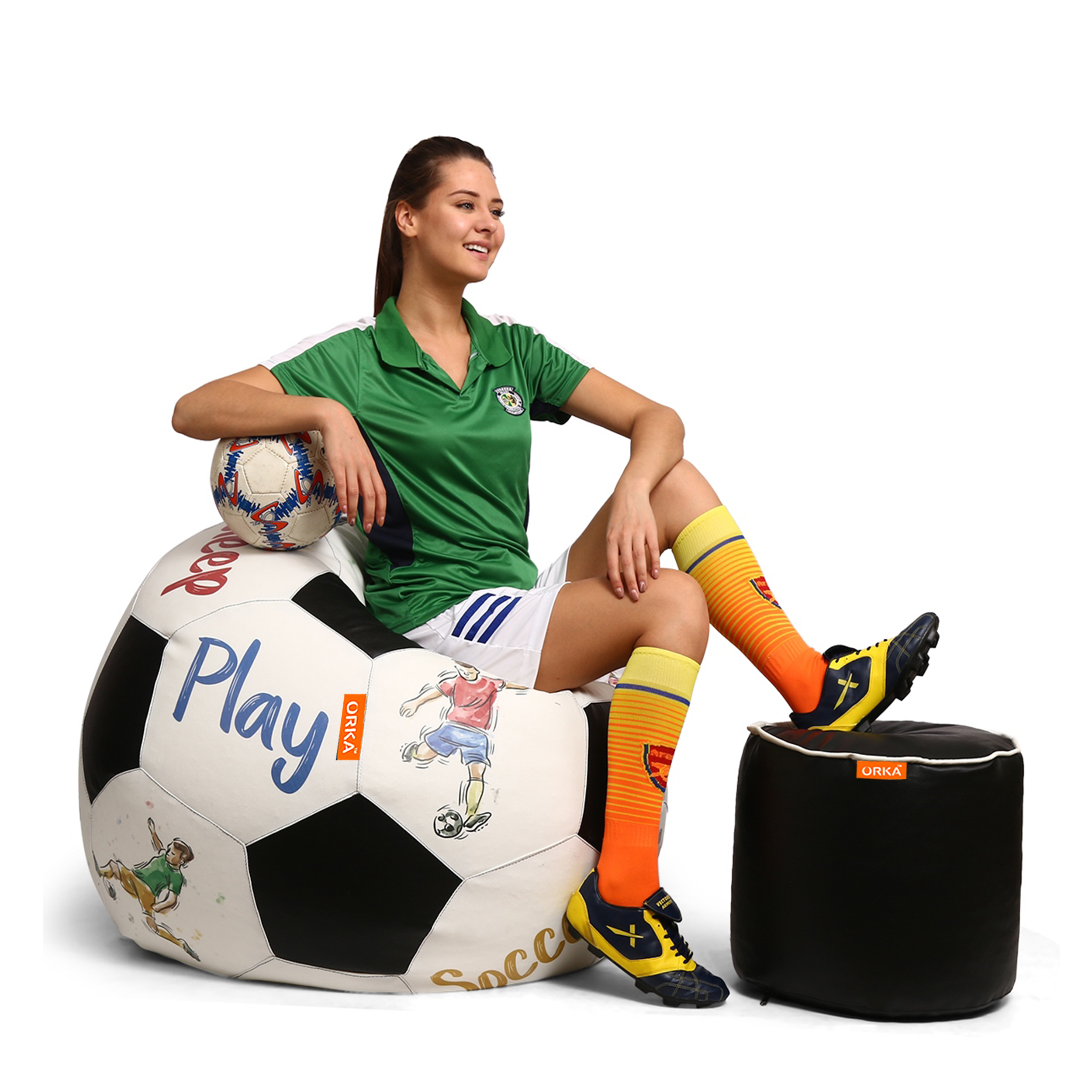 Orka Digital Printed XXXL Foorball With Mathching Footstool Filled Bean Bag With Beans (FB65 Multicolor)